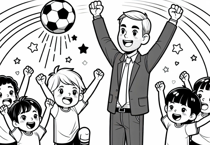 Fußballtrainer feiert mit Spielern ein Siegestor – Ausmalbild kostenlos Fußballtrainer feiert mit Spielern ein Siegestor – Ausmalbild kostenlos