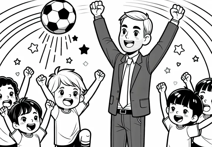 Fußballtrainer feiert mit Spielern ein Siegestor – Ausmalbild kostenlos