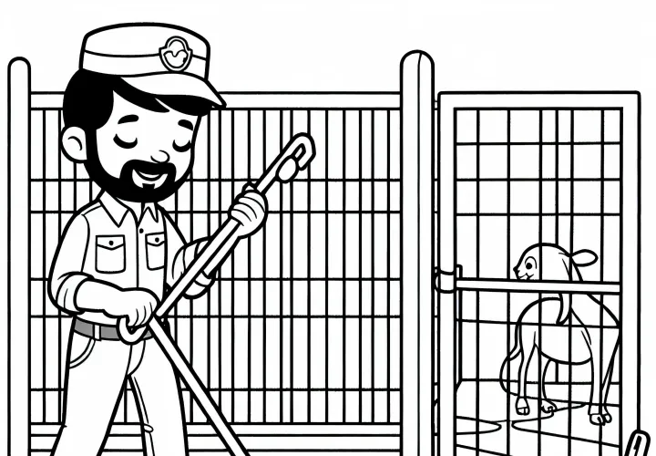Tierpfleger reinigt Gehege: Malvorlage gratis zum Download