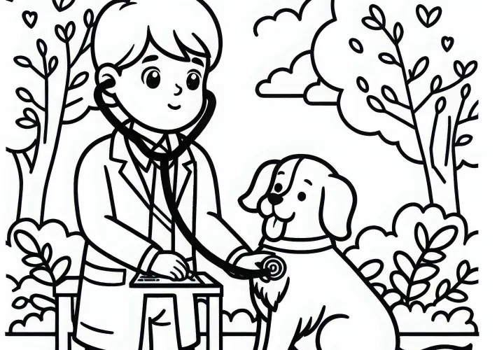 Tierpfleger untersucht Tier mit Stethoskop - Malvorlage gratis