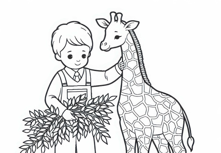 Tierpfleger gibt Giraffe frische Blätter – Ausmalbild einfach kostenlos Tierpfleger gibt Giraffe frische Blätter – Ausmalbild einfach kostenlos
