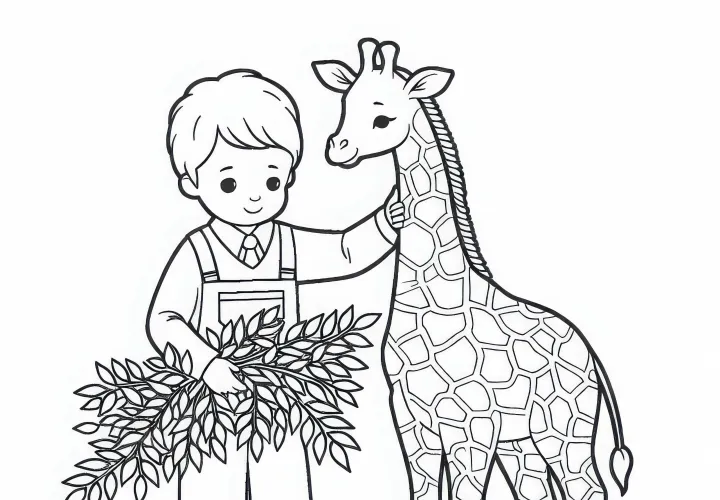 Tierpfleger gibt Giraffe frische Blätter – Ausmalbild einfach kostenlos