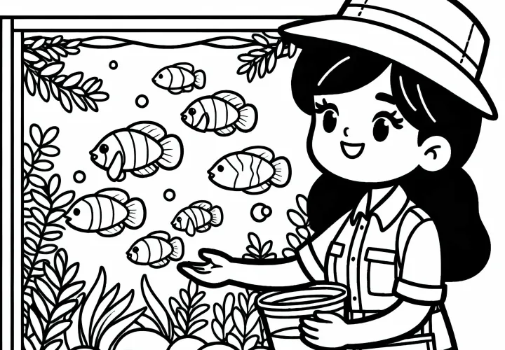 Tierpflegerin bei Fütterung von Fischen im Aquarium Malvorlage Kostenlos