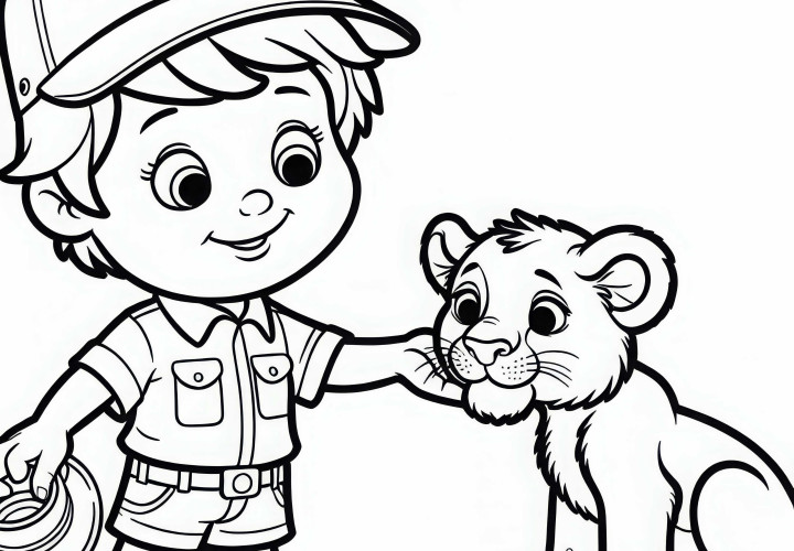 Tierpfleger spielt mit Löwenbaby – Ausmalbild gratis Tierpfleger spielt mit Löwenbaby – Ausmalbild gratis