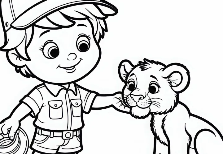 Tierpfleger spielt mit Löwenbaby – Ausmalbild gratis