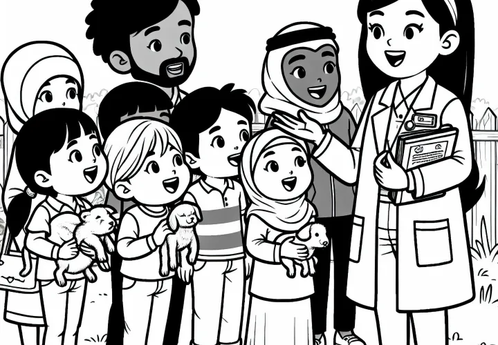 Tierpflegerin im Gespräch mit Besuchern – Ausmalbild gratis