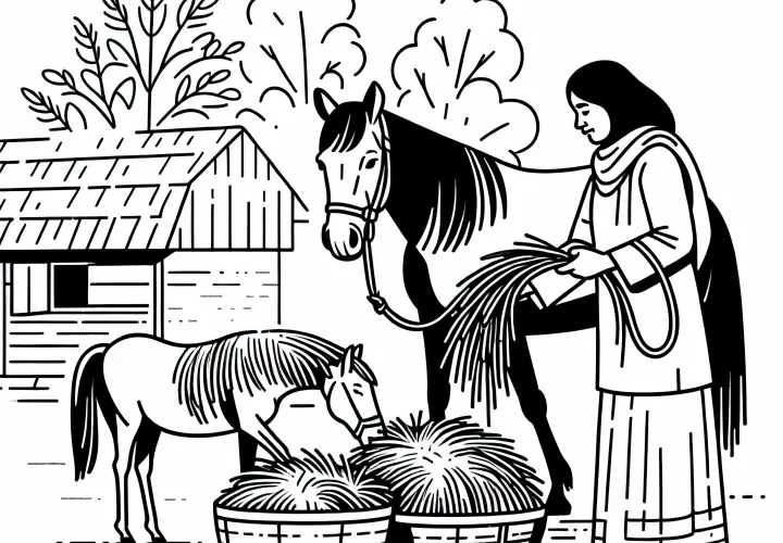 Tierpflegerin bringt Heu zu Pferden - Ausmalbild kostenlos