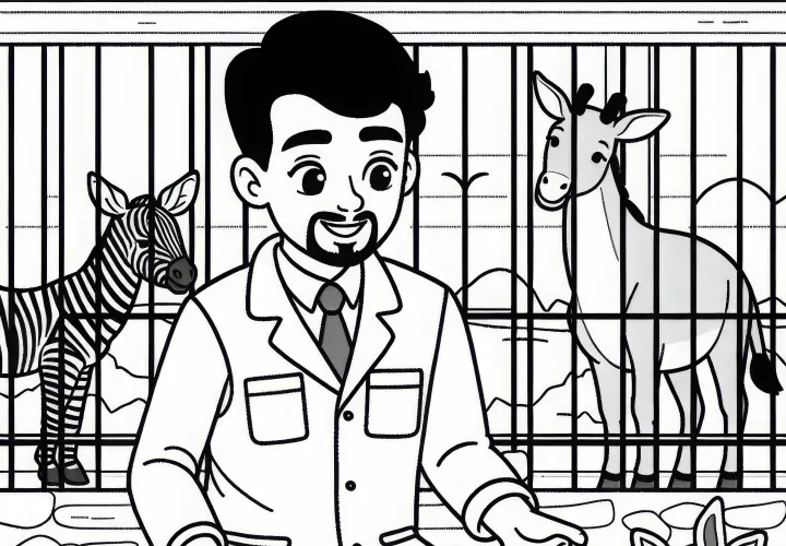 Tierpark mit Tierpfleger - Ausmalbild einfach kostenlos
