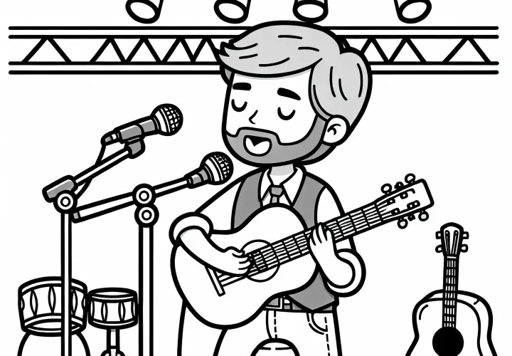 Musiker spielt Gitarre auf Bühne – Malvorlage kostenlos
