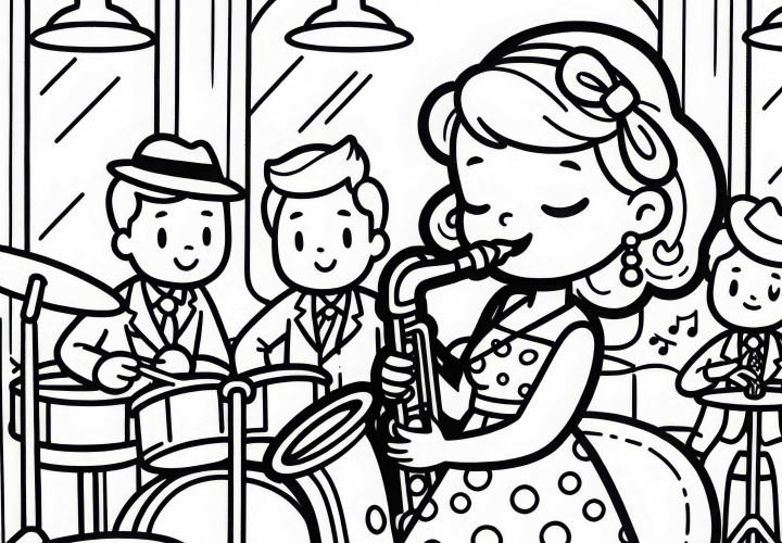 Musikerin spielt Saxophon in Jazz Bar – Malvorlage kostenlos Musikerin spielt Saxophon in Jazz Bar – Malvorlage kostenlos