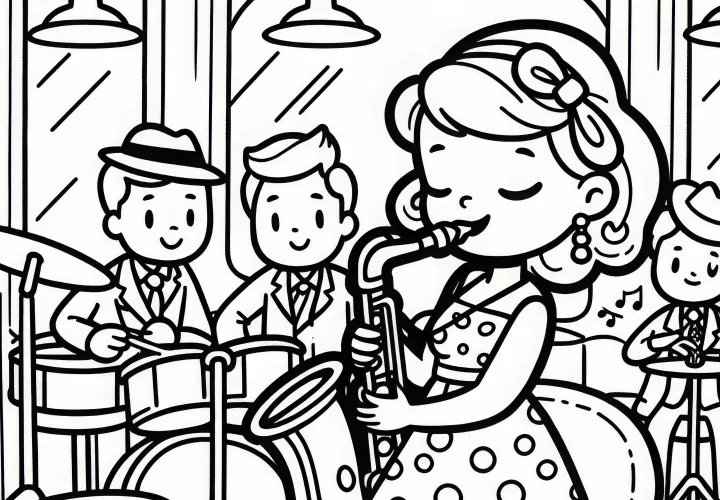 Musikerin spielt Saxophon in Jazz Bar – Malvorlage kostenlos