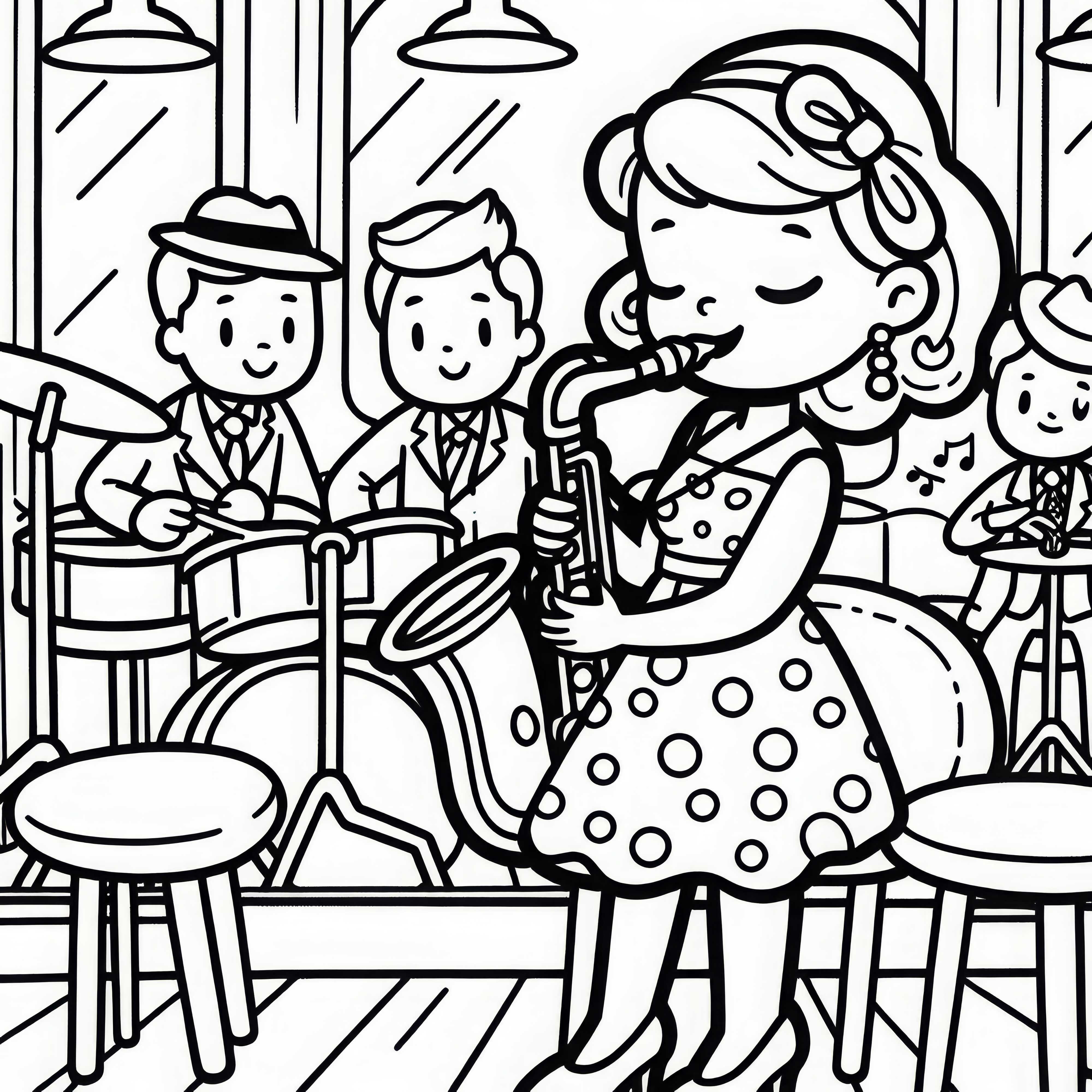 Musikerin spielt Saxophon in Jazz Bar – Malvorlage kostenlos