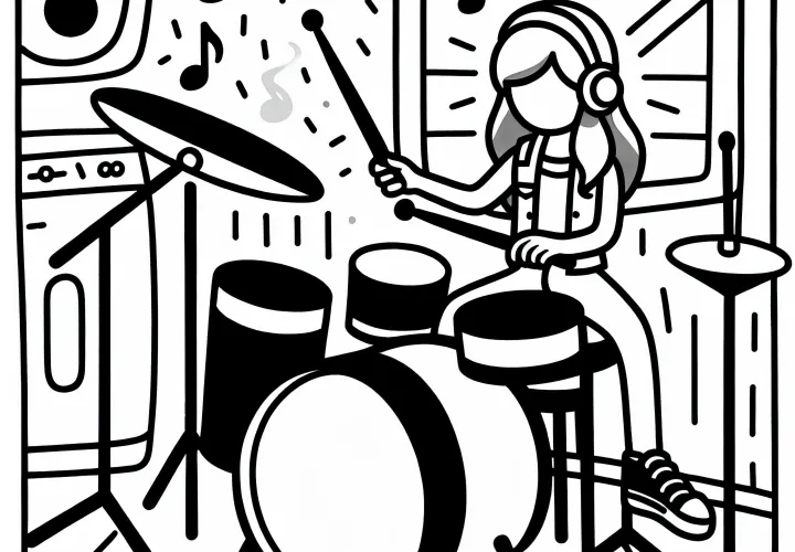 Musikerin spielt Schlagzeug – Malvorlage einfach kostenlos