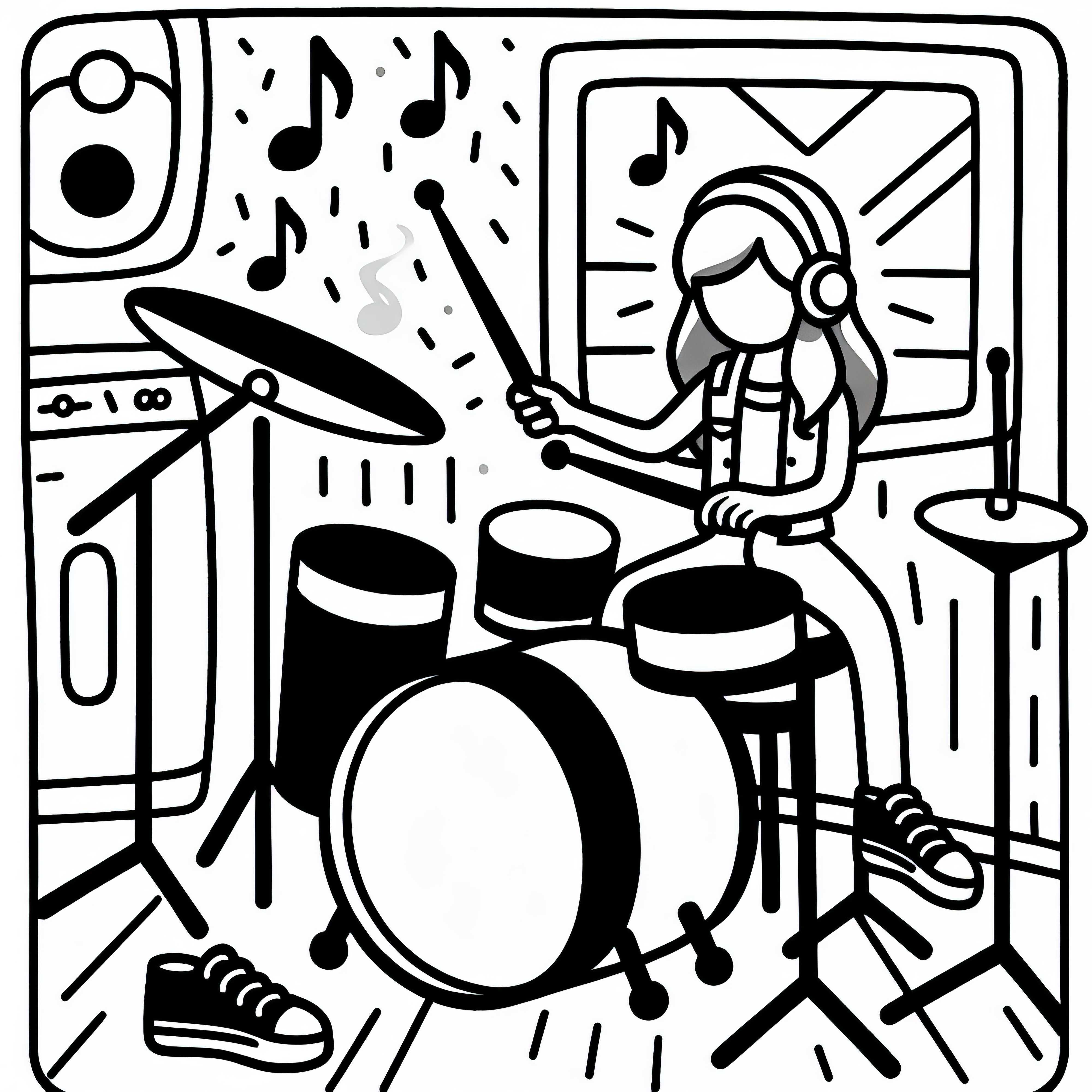Musikerin spielt Schlagzeug – Malvorlage einfach kostenlos