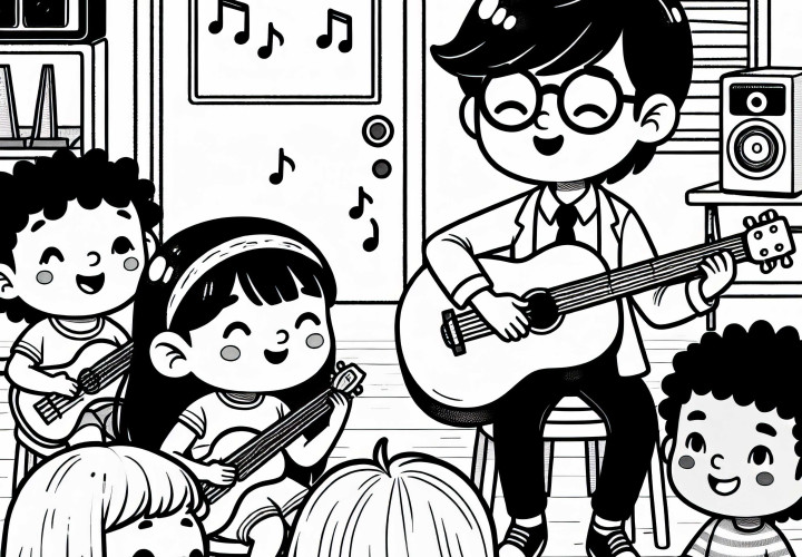 Músico enseña a estudiantes en la escuela de música - Plantilla para colorear gratis