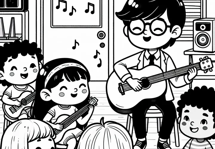 Músico enseña a estudiantes en la escuela de música - Plantilla para colorear gratis