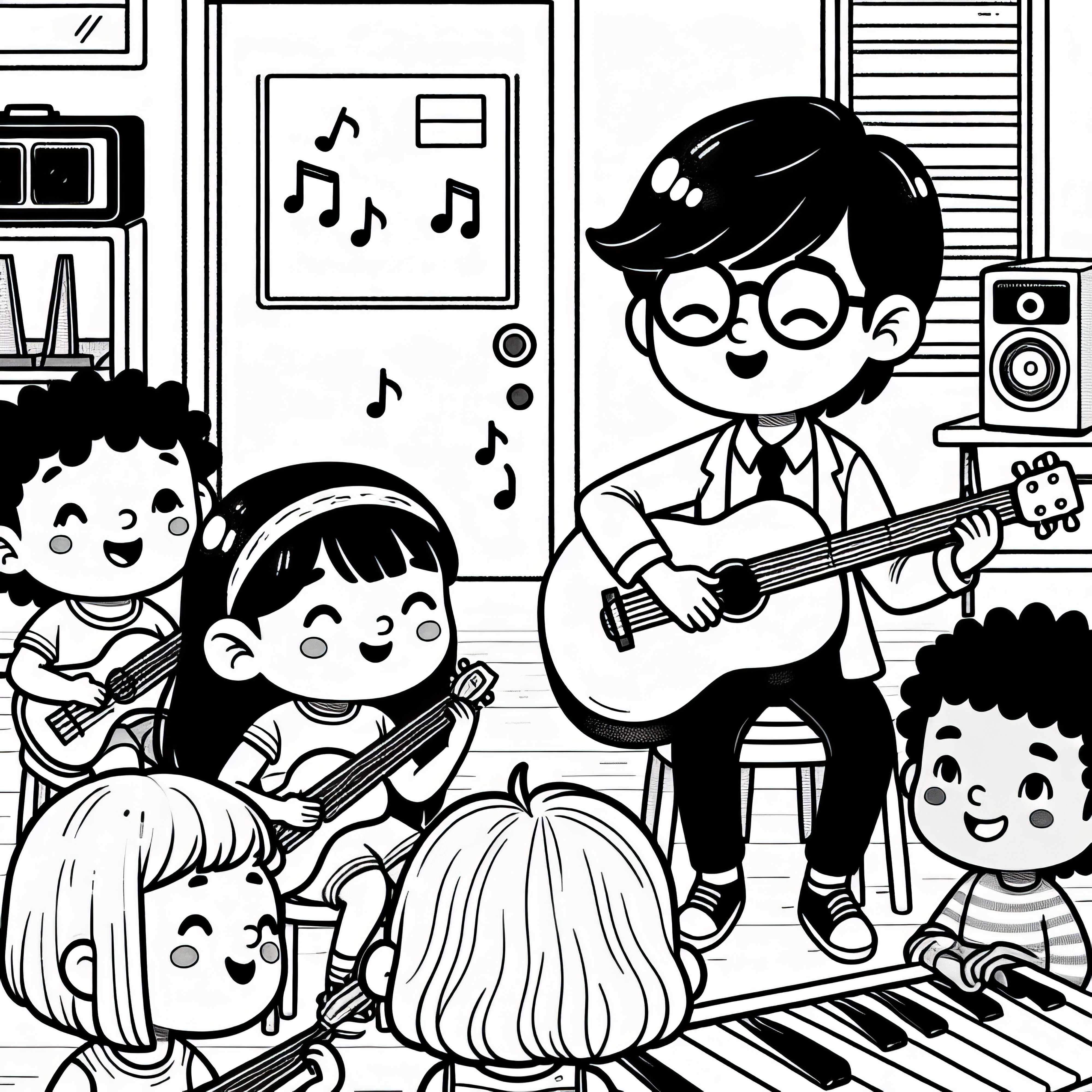 Músico enseña a alumnos en la escuela de música – Plantilla de colorear gratuita