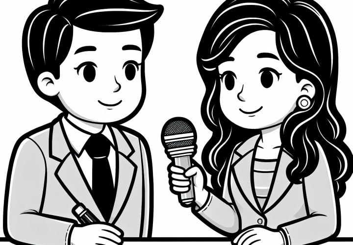 Uma repórter entrevista uma pessoa com um microfone - Desenho para colorir gratuito Uma repórter entrevista uma pessoa com microfone - Desenho para colorir gratuito