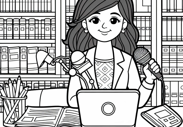 Repórter pesquisa na biblioteca - desenho para colorir grátis