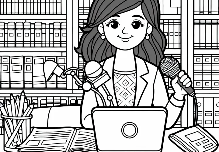 Reporterin recherchiert in Bibliothek - Malvorlage kostenlos