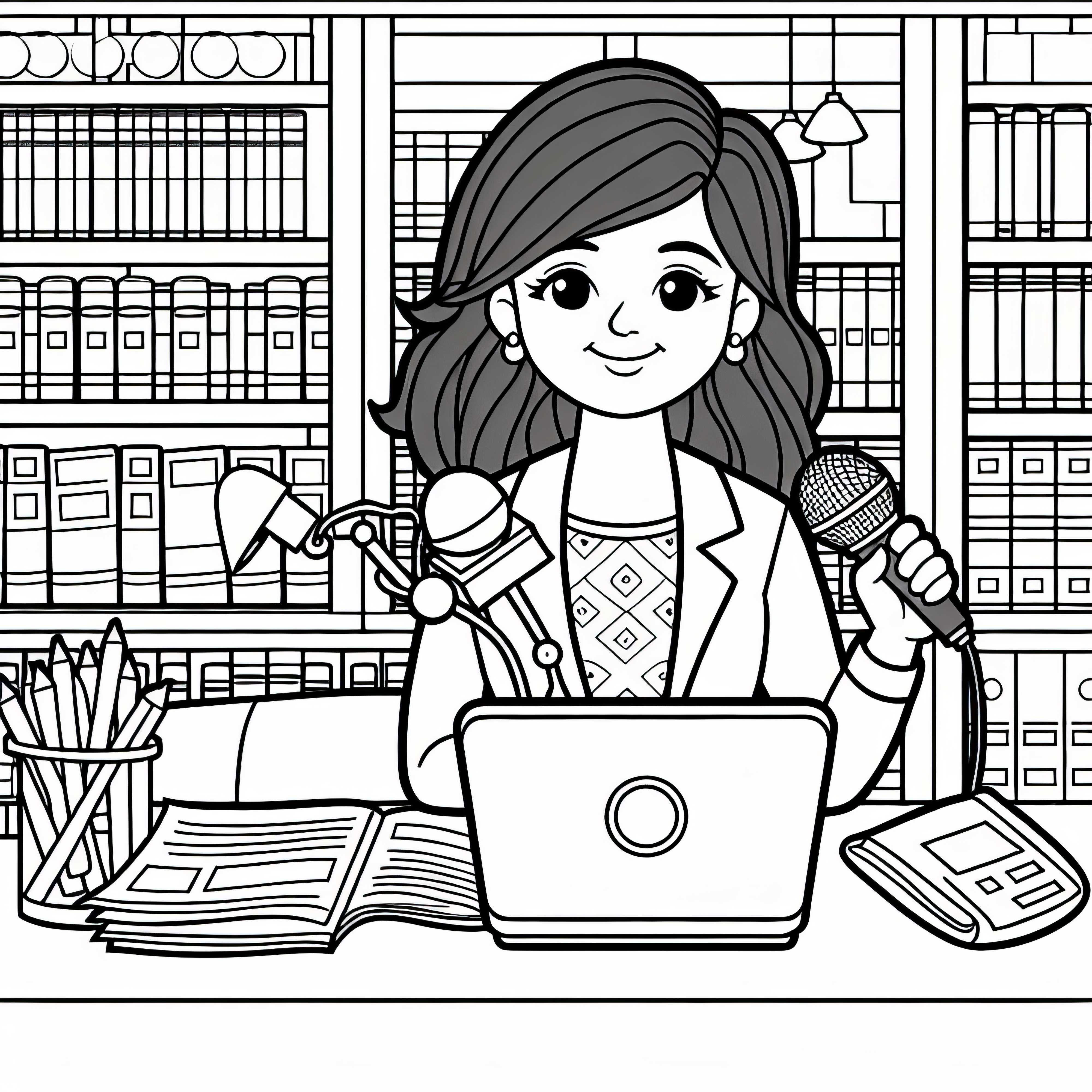 Repórter pesquisa na biblioteca - Modelo de colorir gratuito