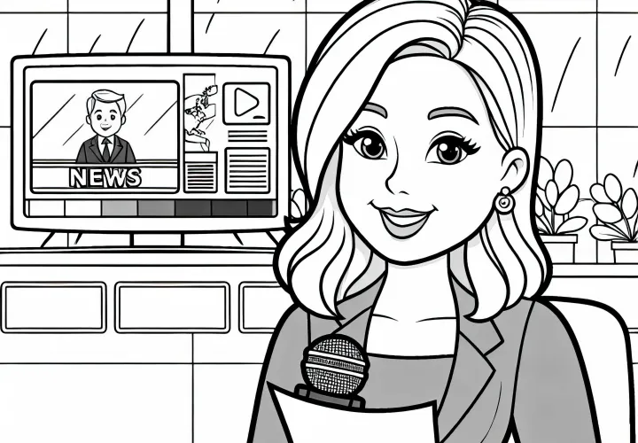 Reporter liest Nachrichten im Studio – Malvorlage kostenlos