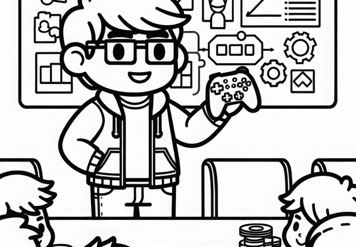 Entwickler hält Teammeeting über Spieldesign – Malvorlage gratis