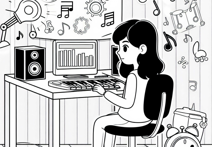 Entwicklerin arbeitet an Musik und Soundeffekten – Ausmalbild gratis Entwicklerin arbeitet an Musik und Soundeffekten – Ausmalbild gratis