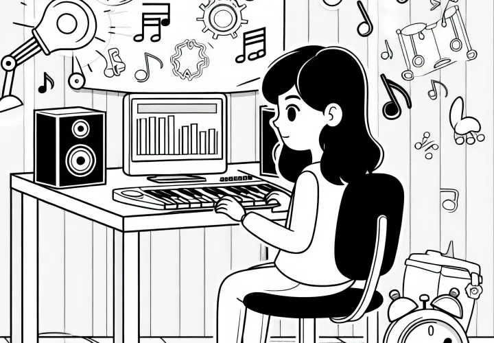 Entwicklerin arbeitet an Musik und Soundeffekten – Ausmalbild gratis