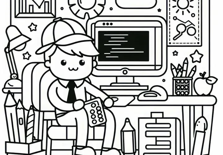 Ausmalbild eines Büros mit Computer für Entwickler – Einfach und Gratis