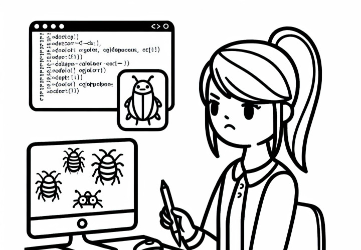 Entwicklerin korrigiert Bugs im Code - Lustige Malvorlage gratis Entwicklerin korrigiert Bugs im Code - Lustige Malvorlage gratis