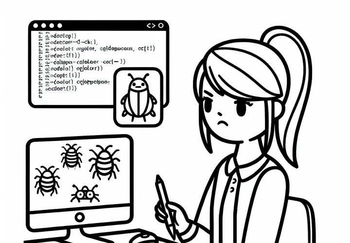 Entwicklerin korrigiert Bugs im Code - Lustige Malvorlage gratis