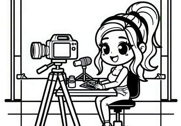 Youtuberin filmt im Studio mit Greenscreen – Ausmalbild kostenlos