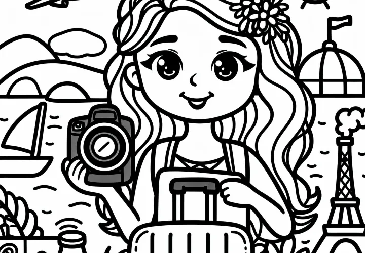 YouTuberin vloggt auf Reise - Ausmalbild kostenlos