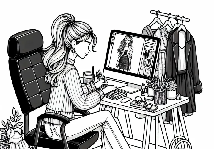 Influencerin erstellt Beitrag über Mode - Ausmalbild kostenlos