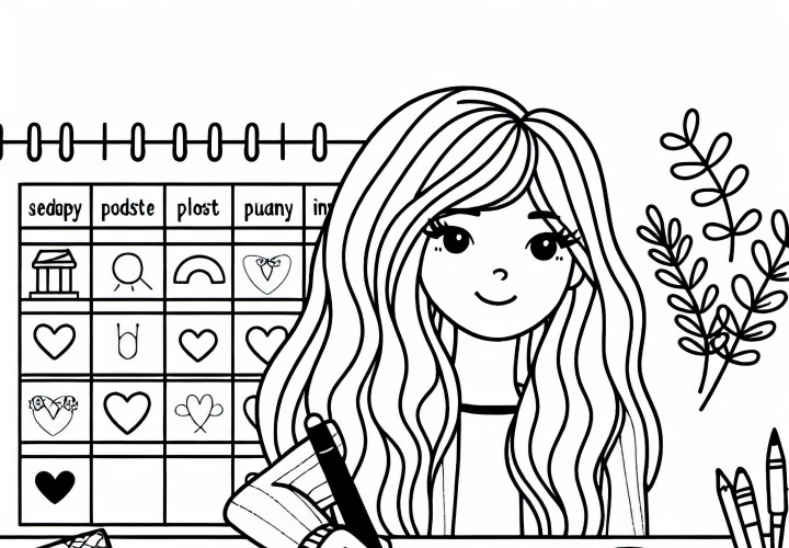 Ausmalbild für Influencerin mit Pflanzen und Kalender – Gratis Download Ausmalbild für Influencerin mit Pflanzen und Kalender – Gratis Download