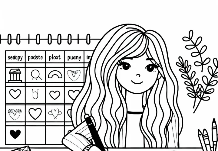 Ausmalbild für Influencerin mit Pflanzen und Kalender – Gratis Download