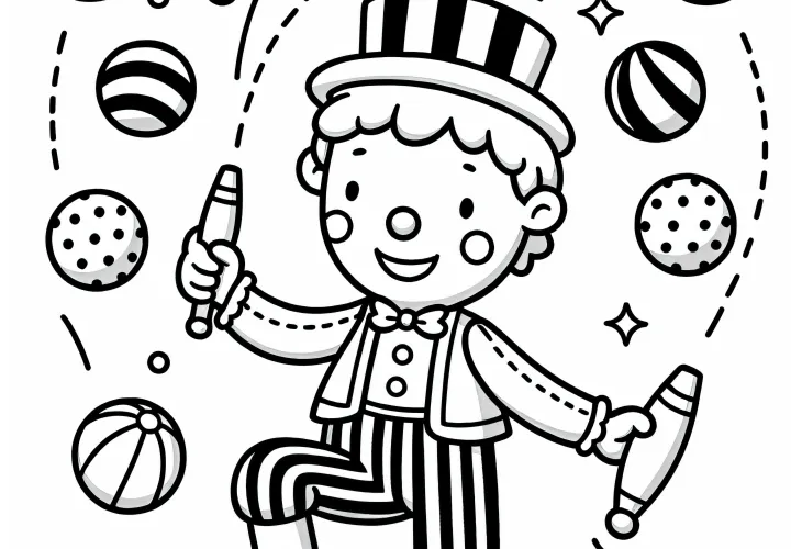 Zirkusartist jongliert mit Bällen und Keulen – Malvorlage kostenlos