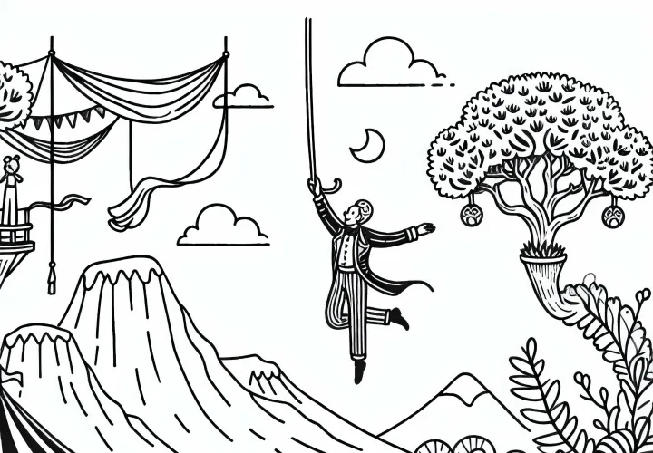 Zirkusartist schwebt in einer fantastischen Landschaft – Ausmalbild kostenlos