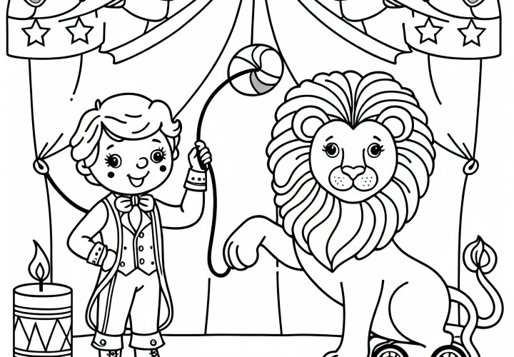 Zirkusartist trainiert mit Spielzeuglöwen – Ausmalbild kostenlos Zirkusartist trainiert mit Spielzeuglöwen – Ausmalbild kostenlos