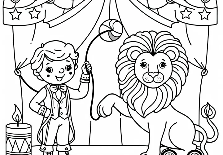 Zirkusartist trainiert mit Spielzeuglöwen – Ausmalbild kostenlos