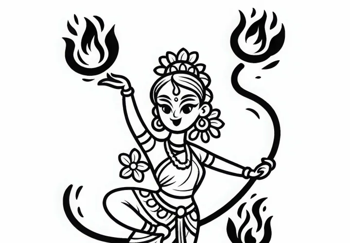 Zirkusartist danser med brændende fakler – Gratis malebillede til download