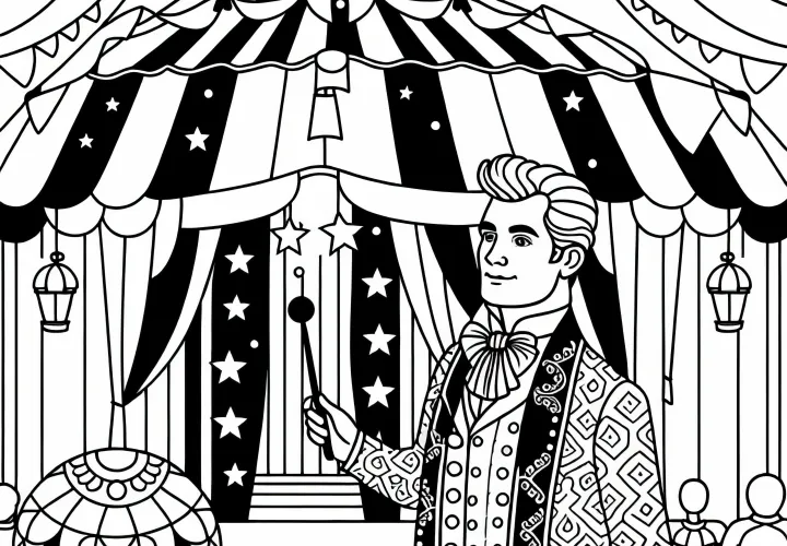 Zirkusartist ved indgangen til cirkusteltet - Malen skabelon enkel og gratis