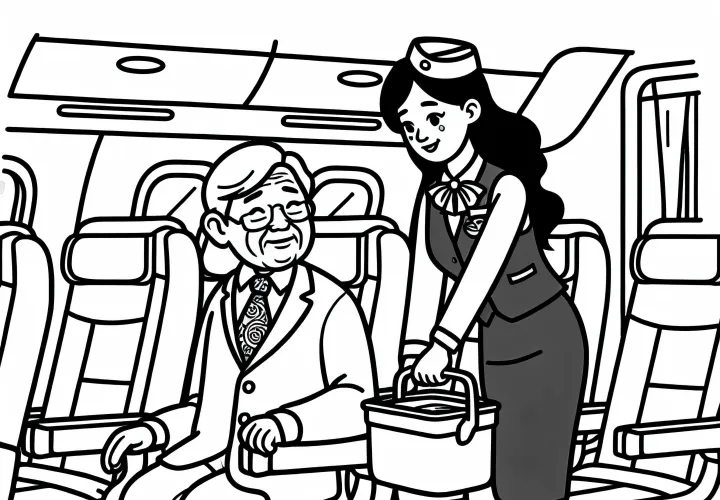 Flugbegleiterin begleitet älteren Passagier zu seinem Platz – Malvorlage kostenlos