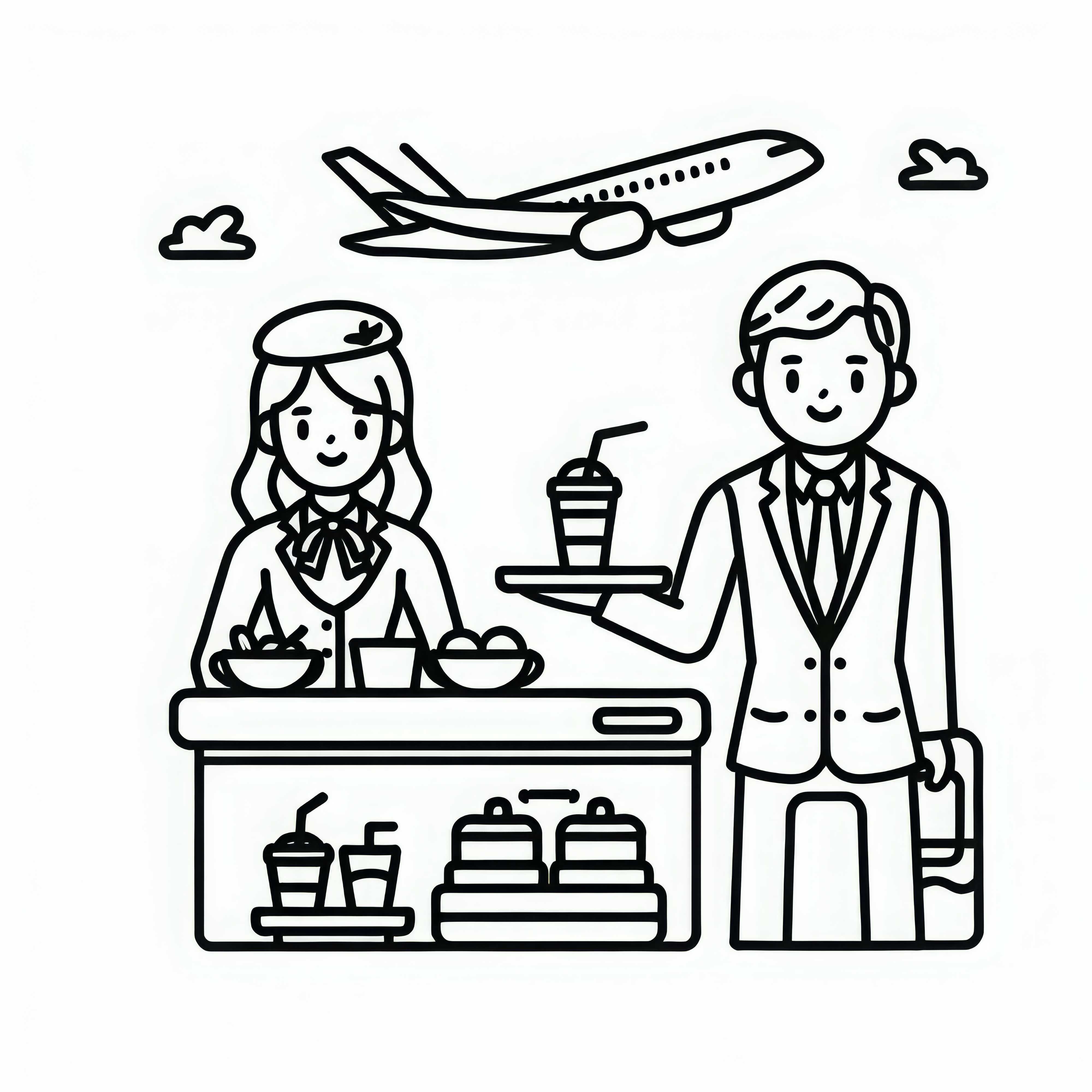 Stewardess serwuje jedzenie i napoje kolorowanka prosta za darmo