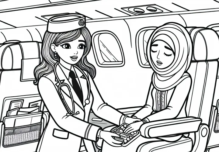 Flugbegleiterin hilft kranker Passagierin mit Erste-Hilfe-Tasche – Malvorlage kostenlos