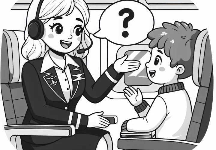 Flugbegleiterin beantwortet Fragen eines Kindes während des Flugs – Malvorlage kostenlos