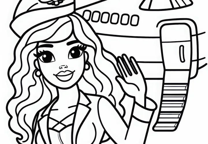 Flugbegleiterin verabschiedet Passagiere beim Ausstieg – Malvorlage gratis