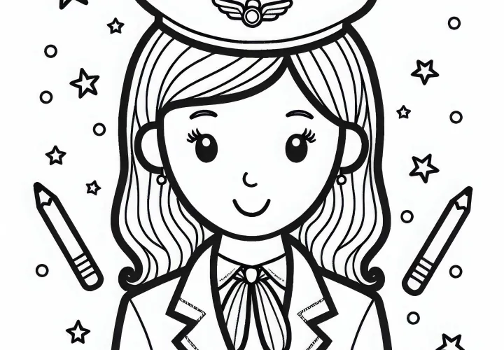 Ausmalbild einer Flugbegleiterin in Uniform mit Halstuch – Kostenlos herunterladen