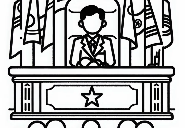 Präsidentin sitzt am Schreibtisch – Ausmalbild einfach kostenlos